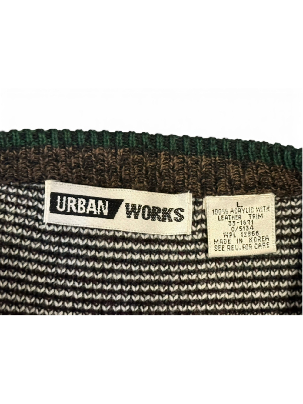 Vintage Urban Works Southwestern Leather Trim Knit Sweater Mens Large USA 90s - Picture 3 of 7